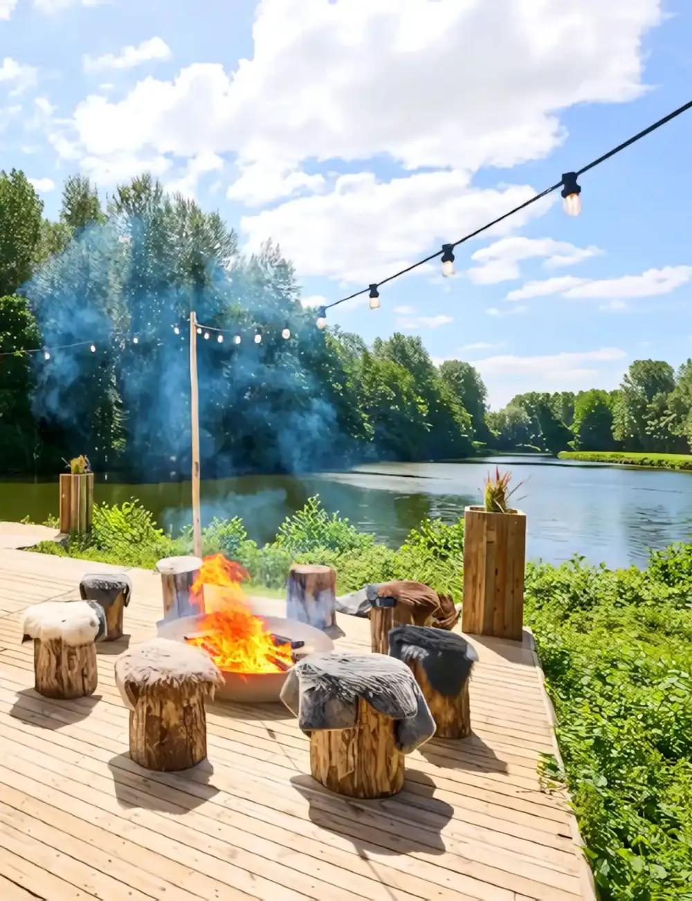 Vue aérienne de l'Île Be Meet avec infrastructure événementielle au bord de l'eau